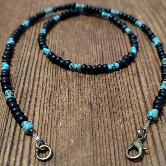 Black and Turquoise Beaded Necklace,  Handmade Men's Necklace,  Black - Picture 3 of 6